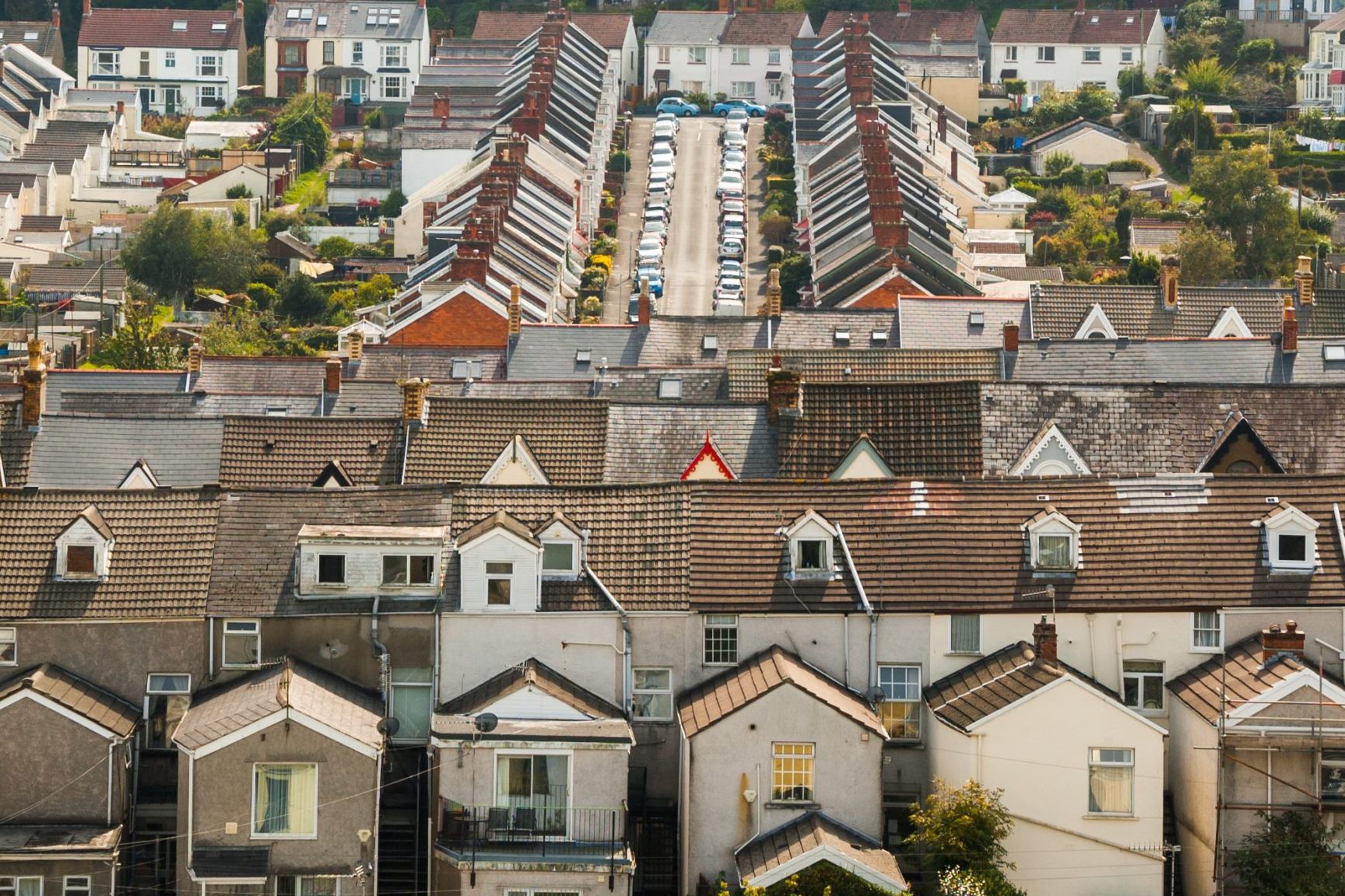 Typical British terraced housing in Mumbles, Swansea Bay, Wales, UK.